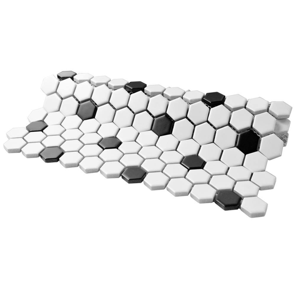 Merola Tile Metro Hex Matte White with Black Dot 10-14 in. x 11-78 in. Porcelain Mosaic (8.6 sq. ft.Case) FDXMHMWD