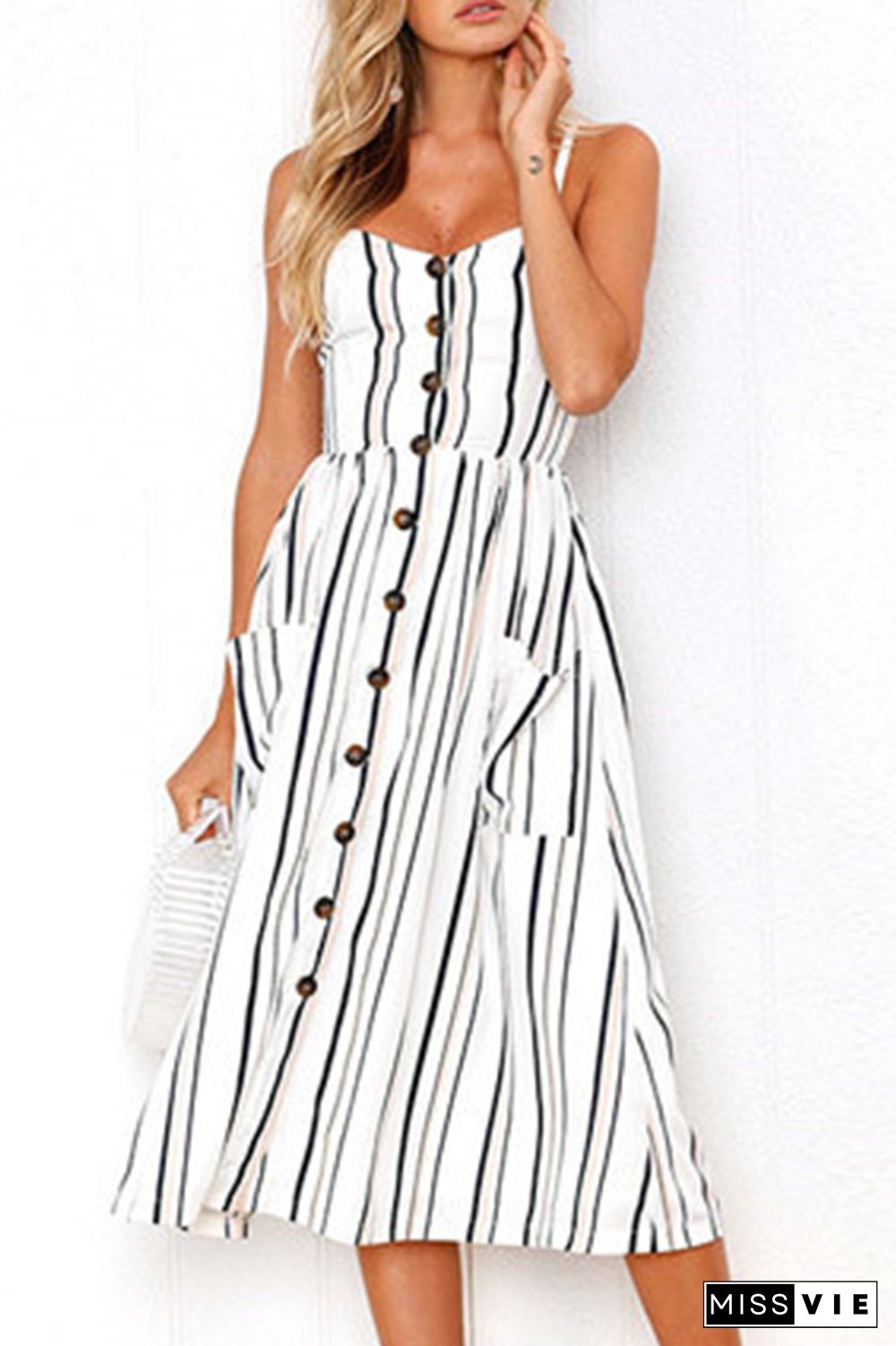 Casual Striped Floral Buckle Spaghetti Strap A Line Dresses