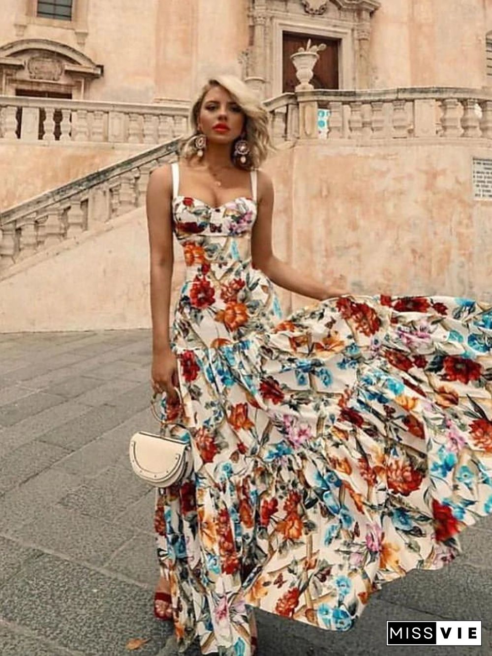 Women's Swing Dress Maxi long Dress Sleeveless Floral Print Fall Elegant Casual Rainbow S M L XL