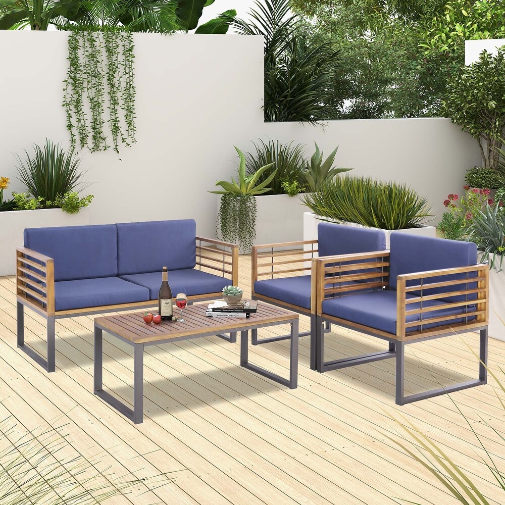 4pcs Patio Acacia Wood Chair Table Loveseat Cushioned Furniture Set