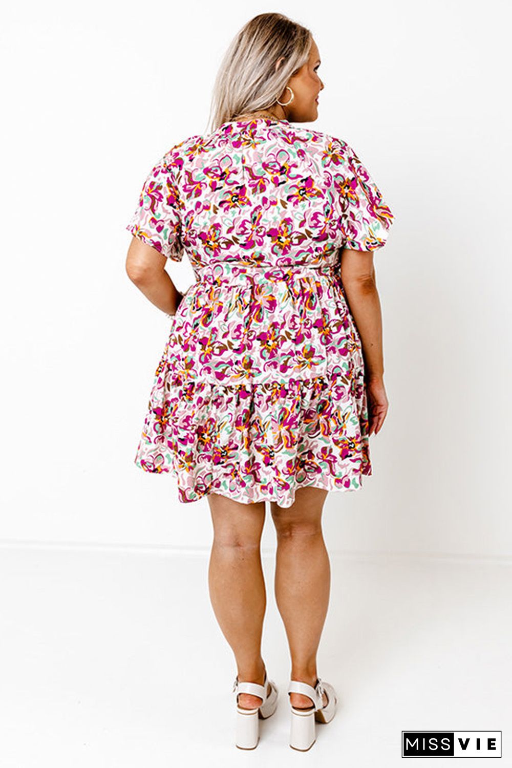 Multicolor Plus Size Floral Print Short Sleeve Ruffle Shift Dress