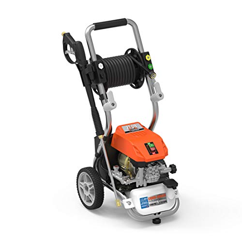 YARD FORCE YF2200LC， 1.2 GPM， 13 amp Water-Cooled Motor， 25' “Live” Hose Reel and Bonus Turbo Nozzle， 1 Gallon Soal Tank 2200 Psi Electric Pressure Washer， Orange/Black