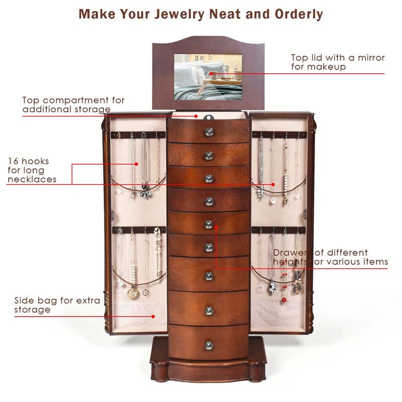 Dark Walnut Large Standing Jewelry Armoire Cabinet with 8 Drawers & 2 Swing Doors, 16 Hooks, Top Mirror Boxes