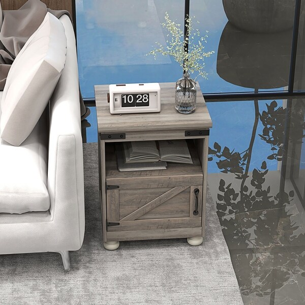 HOMCOM Small Side Table with Storage，Farmhouse End Table with Open Shelf and Cupboard，Modern Sofa Table with Wood Legs