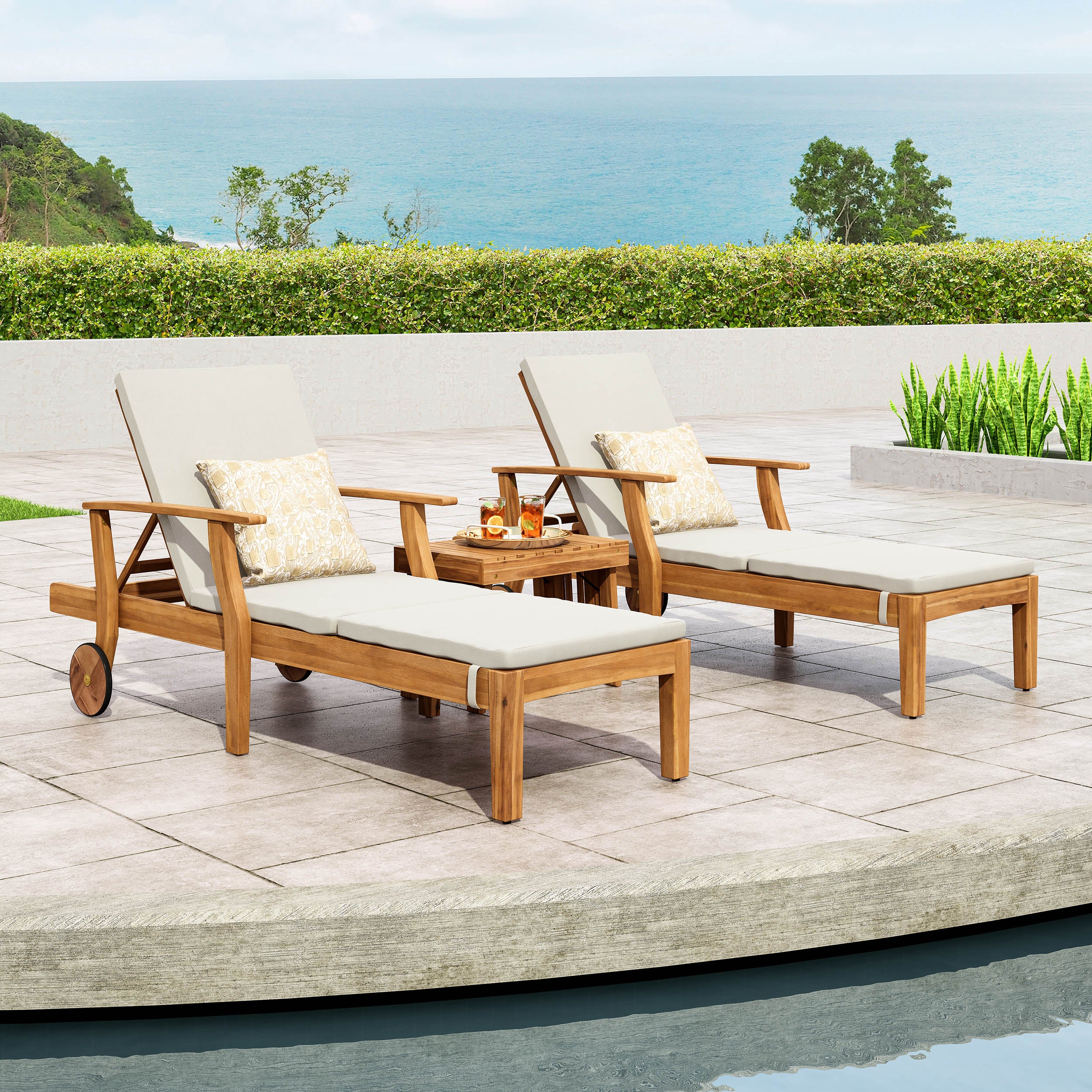 Capri Outdoor Acacia Wood 3 Piece Chaise Lounge Set with Water-Resistant Cushions