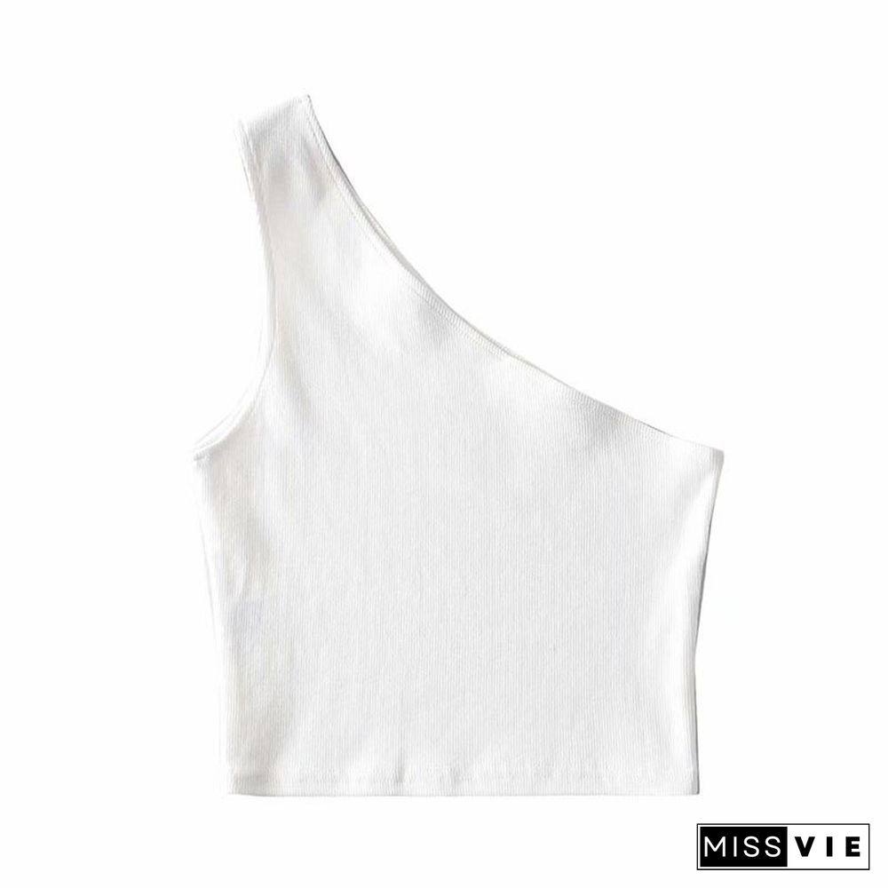 One Shoulder Cropped Tanks Top Women Summer Sleeveless Tanks Camis Sexy Oblique Collar Elastic Corset Slim Crop Tops Tube Lady