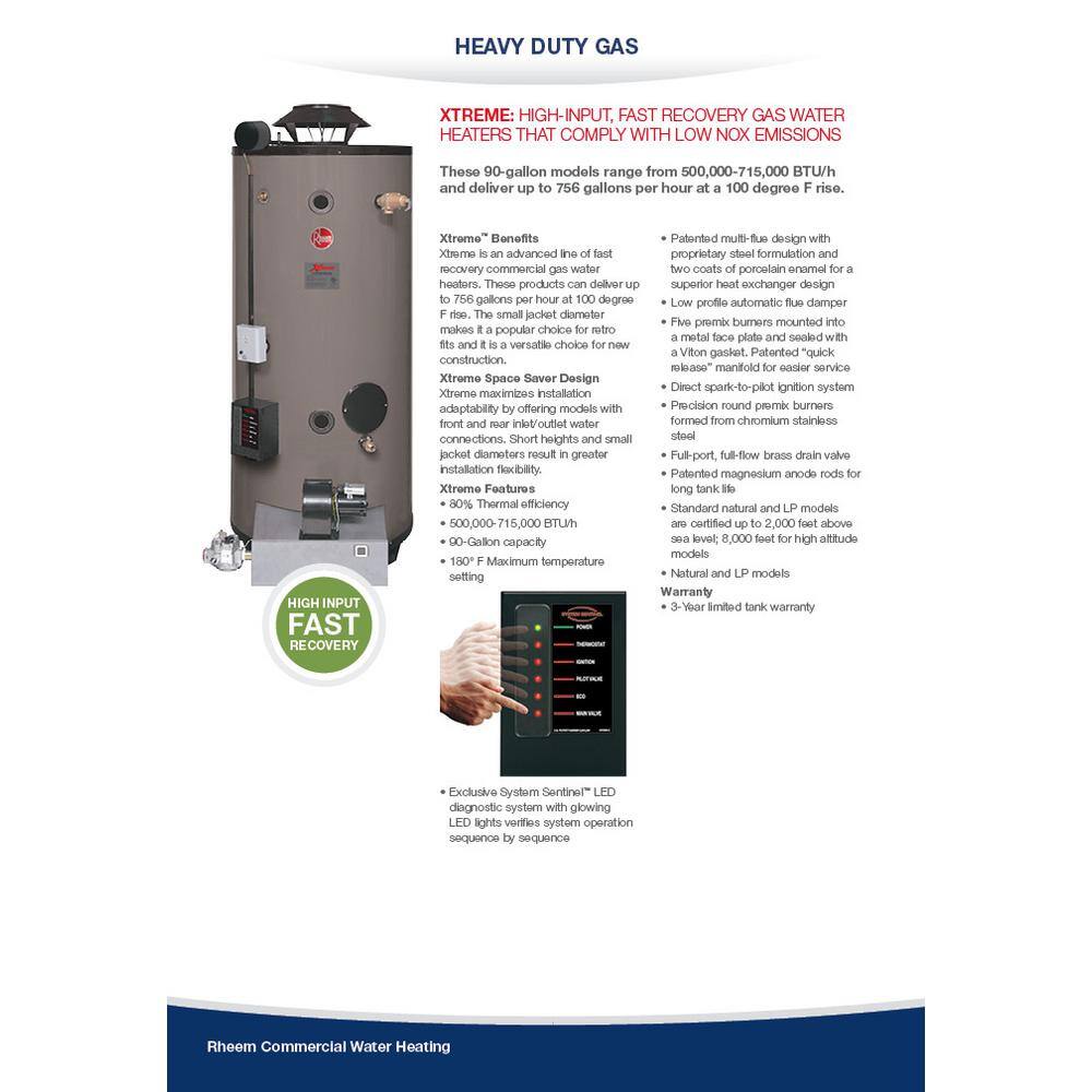 Rheem Xtreme Heavy Duty 90 Gal. 640K BTU Commercial Natural Gas ASME Mass Code Tank Water Heater GX90-640A NG MA