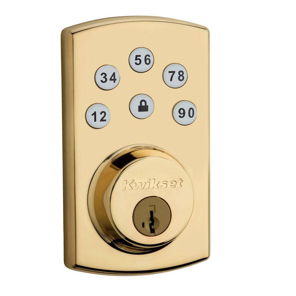 Kwikset Powerbolt2 Polished Brass Single Cylinder Keypad Electronic Deadbolt Featuring SmartKey Security 907 03 SMT CAL RCS CP