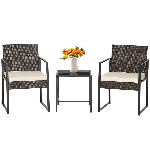 Costway 3pcs Patio Furniture Set Heavy Duty Cushioned Wicker Rattan Chairs Table