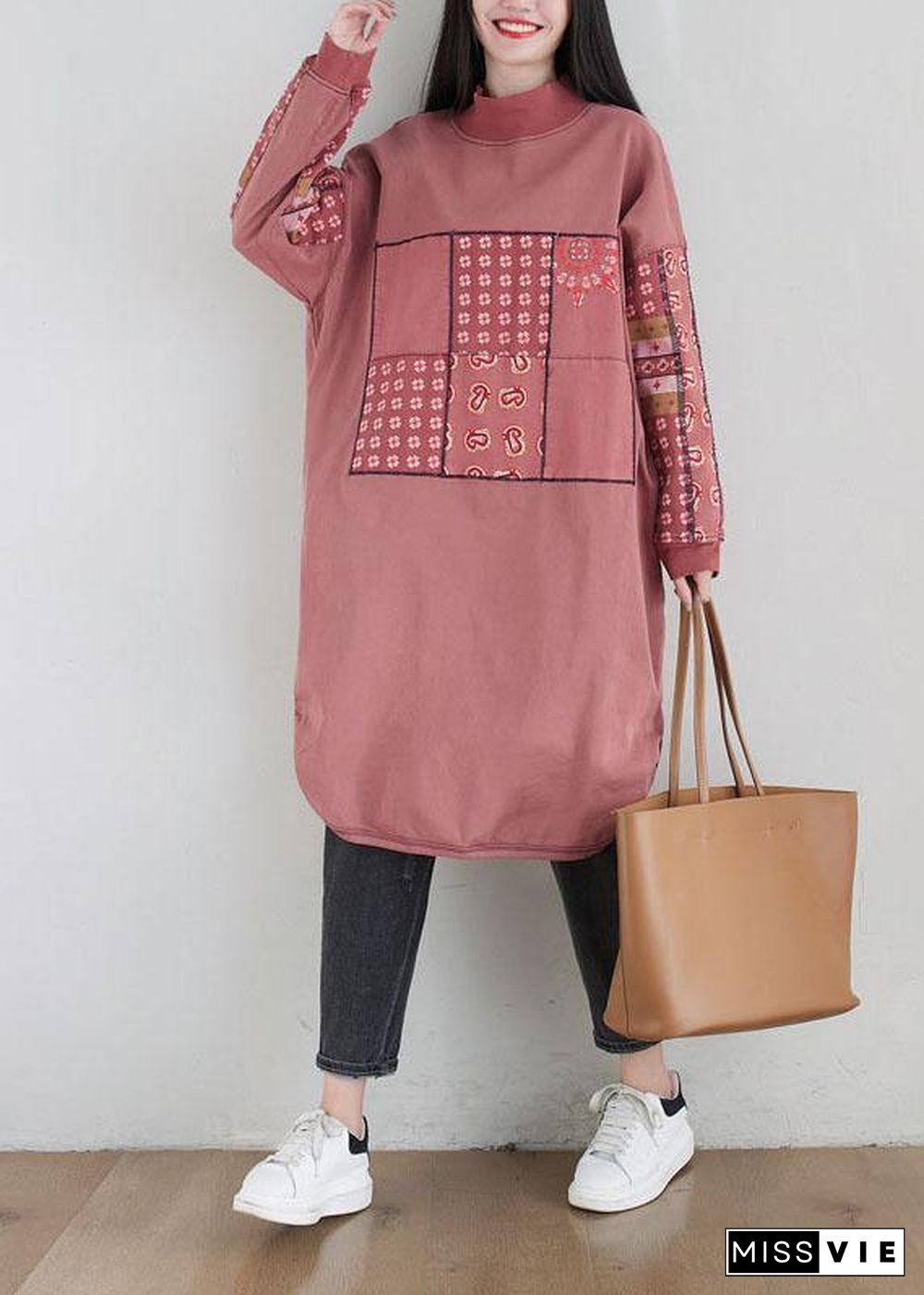 New Pink Patchwork Side Open Fall Dress Sweatshirts