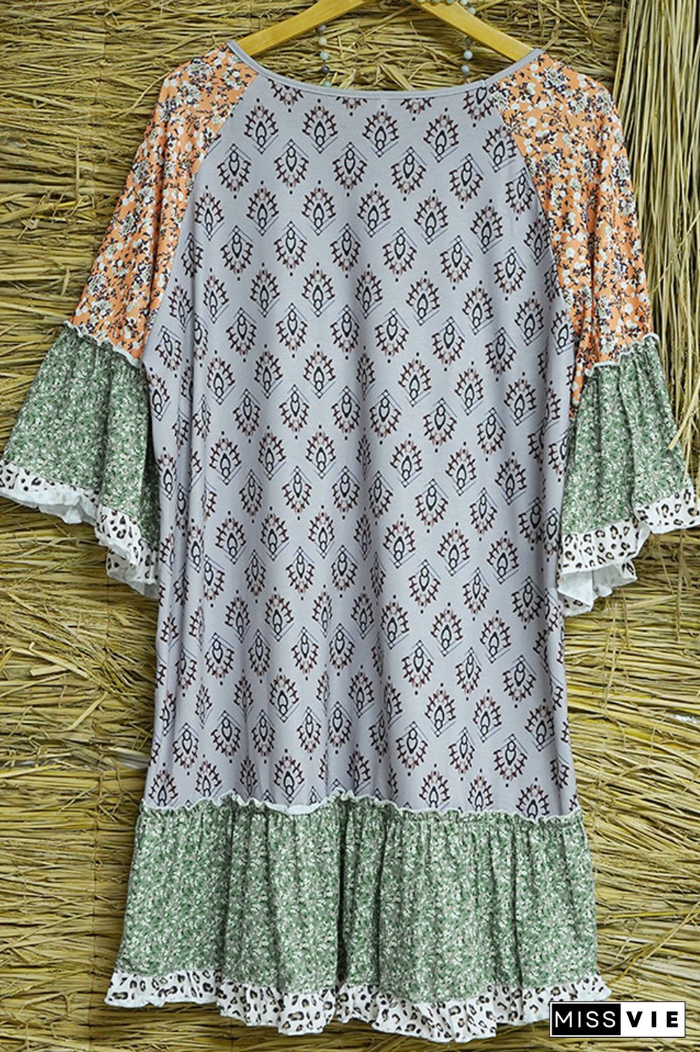 Floral Splicing Lace Boho Print T-Shirt Dress