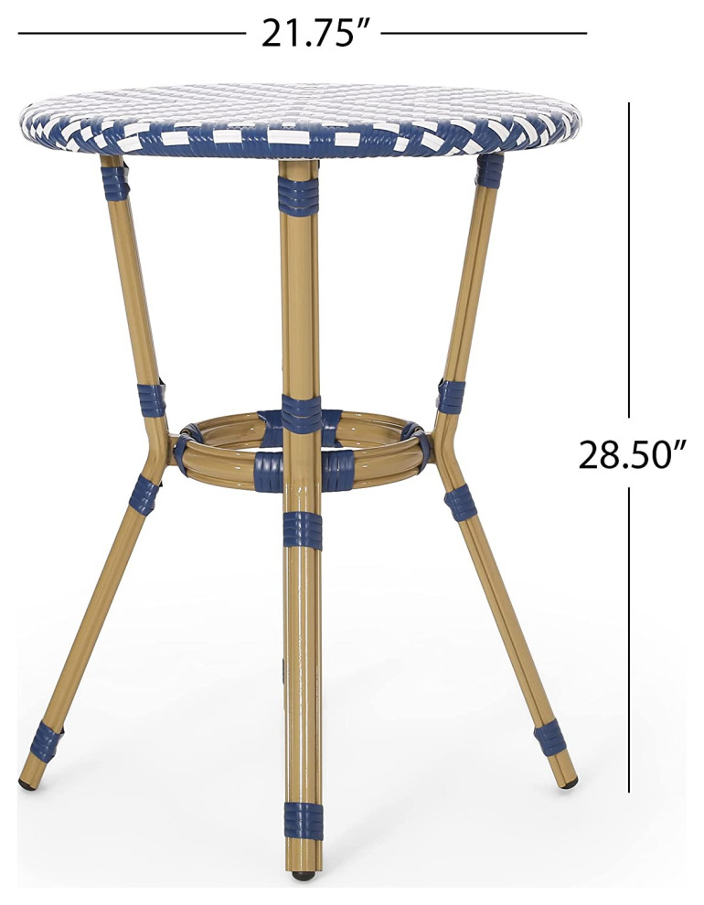 3 Pieces Patio Bistro Set  Bamboo Wood Frame and Woven Navy Blue/White Rattan   Contemporary   Outdoor Pub And Bistro Sets   by Decor Love  Houzz