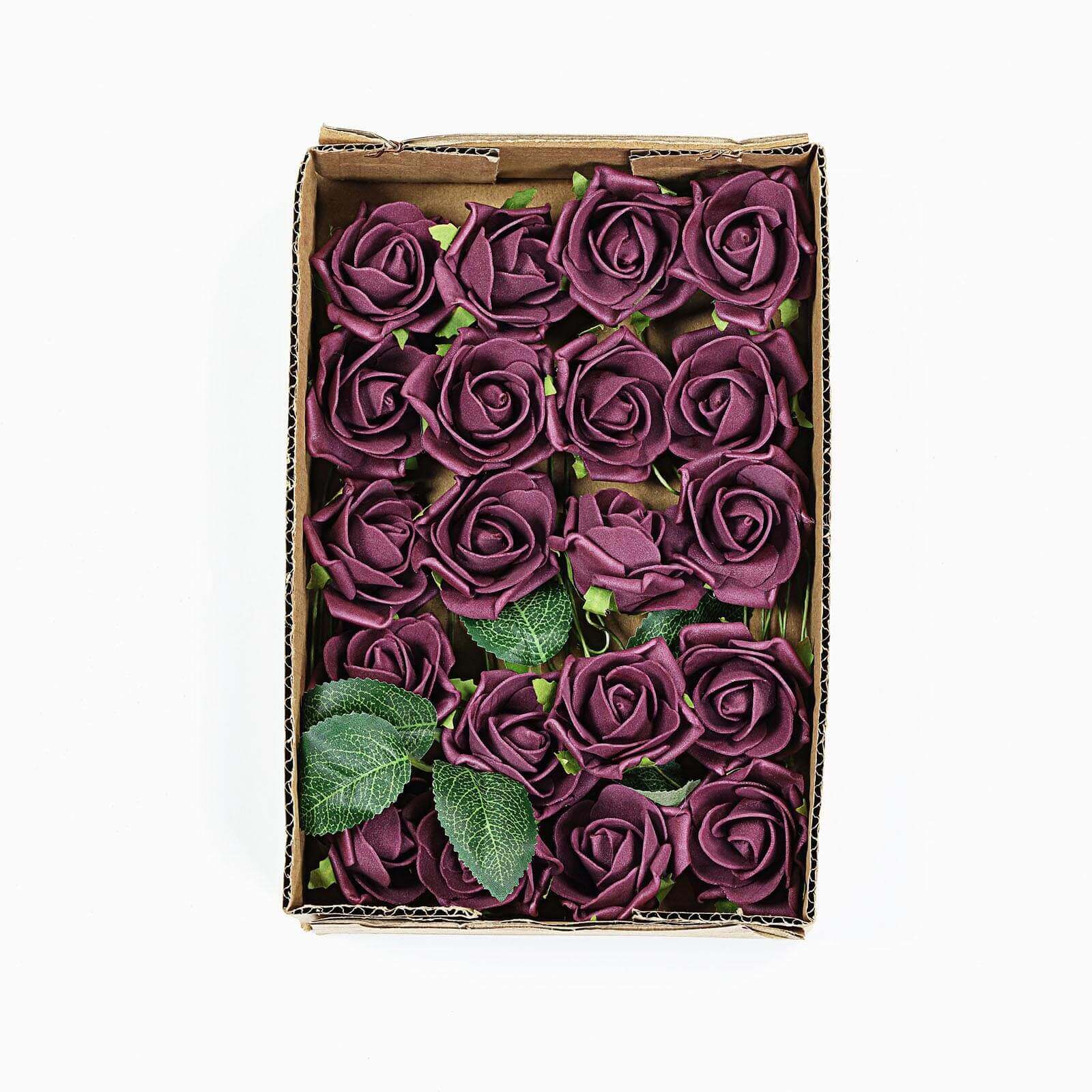 24 Roses Eggplant Artificial Foam Flowers With Stem Wire and Leaves 2