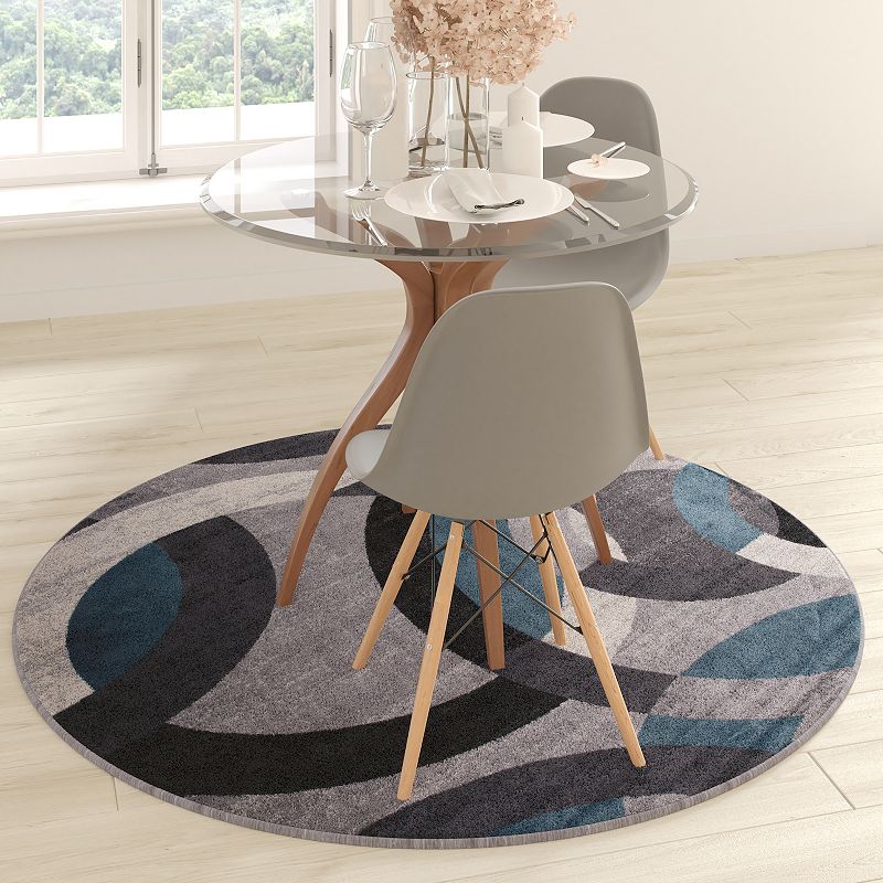 Masada Rugs Masada Rugs， Thatcher Collection Accent Rug with Interlocking Circle Pattern in Blue/Grey with Olefin Facing and Natural Jute Backing - 5'x5' Round