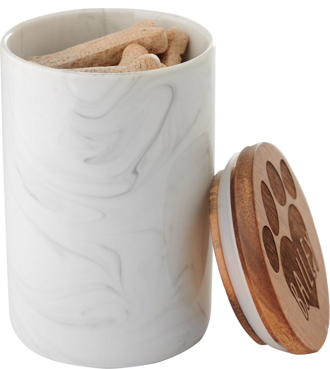 Frisco Ceramic Marble Print Personalized Treat Jar with Wood Lid， 3.75 Cups