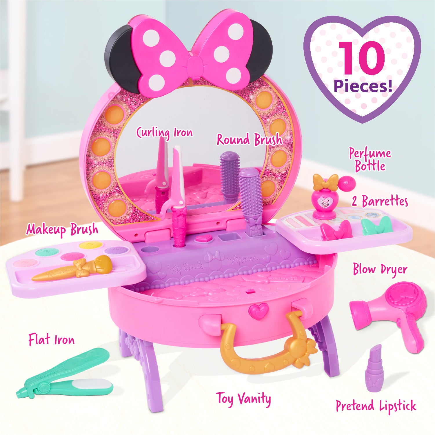 Disney Junior Minnie Mouse Get Glam Magic Table Top Pretend Play Vanity with Lights and Sounds, Officially Licensed Kids Toys for Ages 5 Up, Gifts and Presents