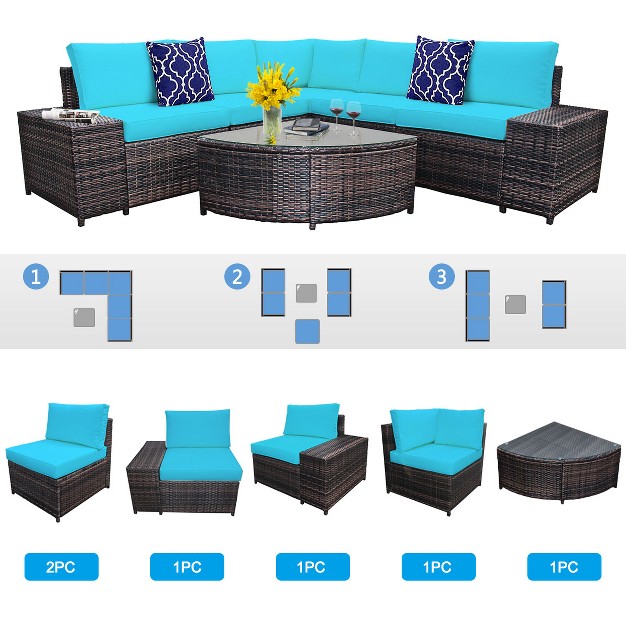 Tangkula 6 piece Outdoor Rattan Conversation Set Sectional Sofa Set With Arc shaped Table