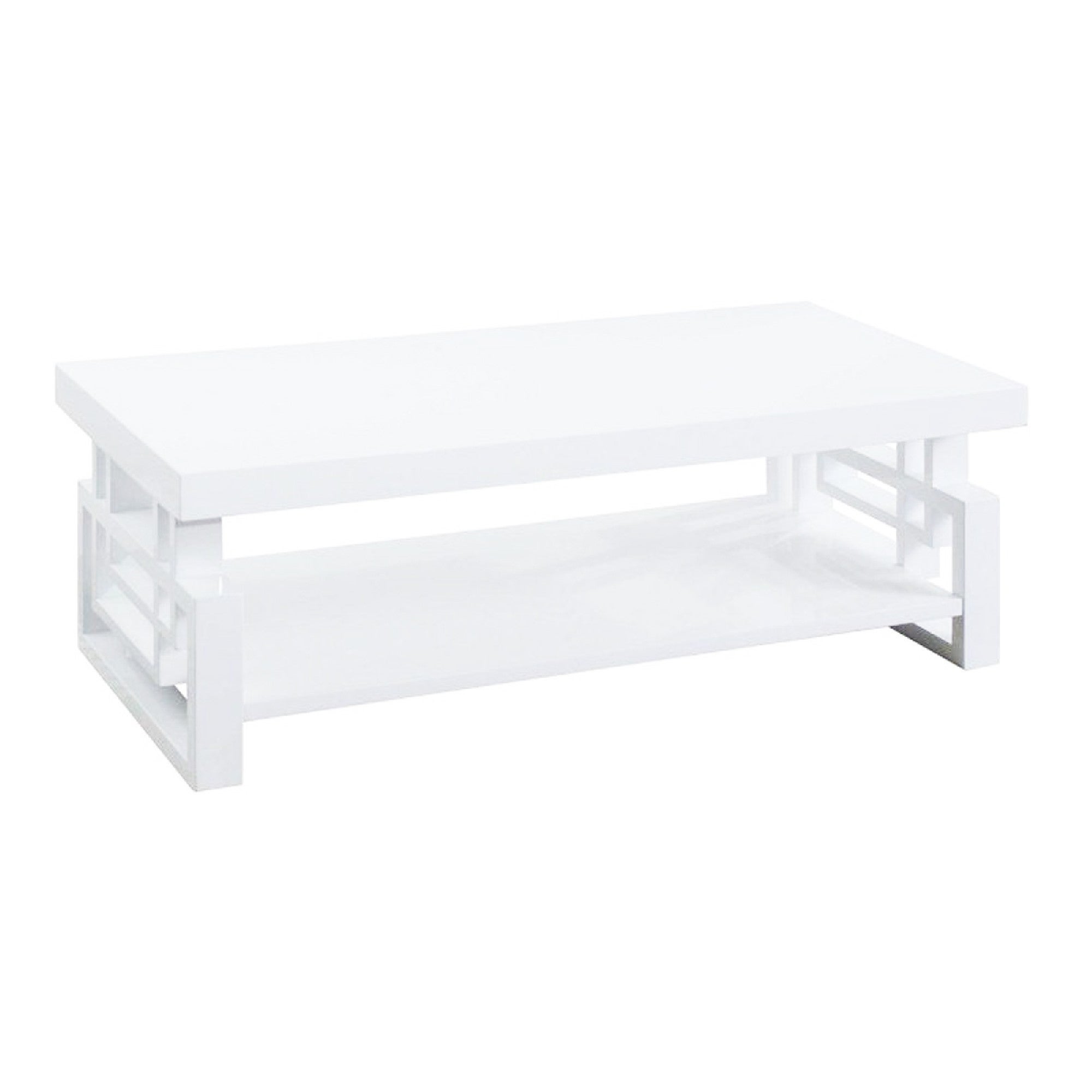 Contemporary Wooden Coffee End Table With Designer Sides and Shelf， Glossy White