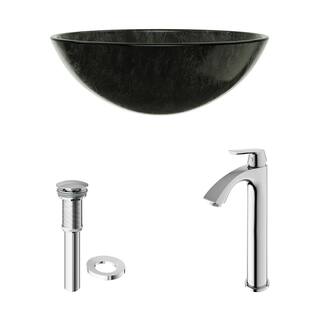 VIGO Glass Round Vessel Bathroom Sink in Onyx Gray with Linus Faucet and Pop-Up Drain in Chrome VGT830