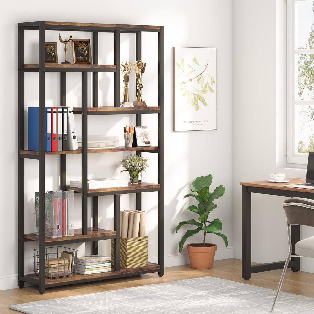 BYBLIGHT Eulas 79 in. Rustic Brown 10-Shelf Etagere Bookcase with Open Shelves 7-Tier Extra Tall Bookshelf for Home Office BB-U20-XL