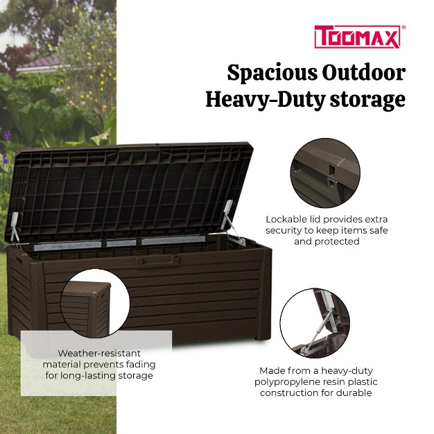 Toomax Florida Weather Resistant Heavy Duty 145 Gallon Novel Plastic Outdoor Storage Deck Box With Lockable Lid And 793 Pound Weight Capacity Brown