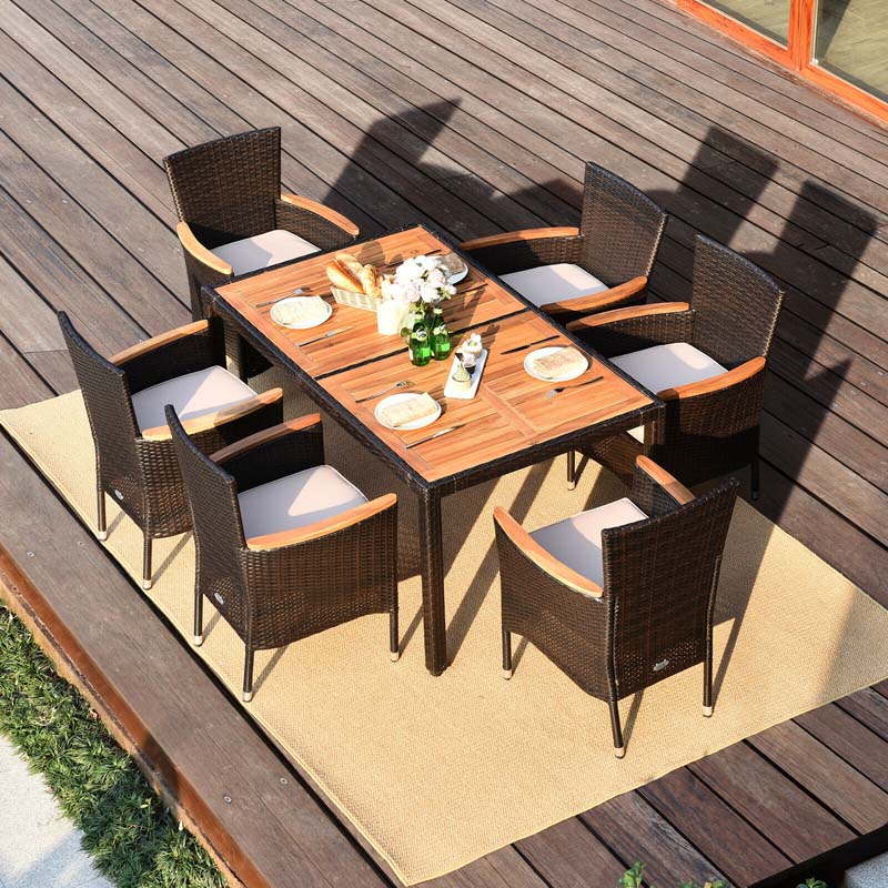 7 Pcs Rattan Outdoor Dining Set with Acacia Wood Tabletop & 6 Stackable Cushioned Armchairs