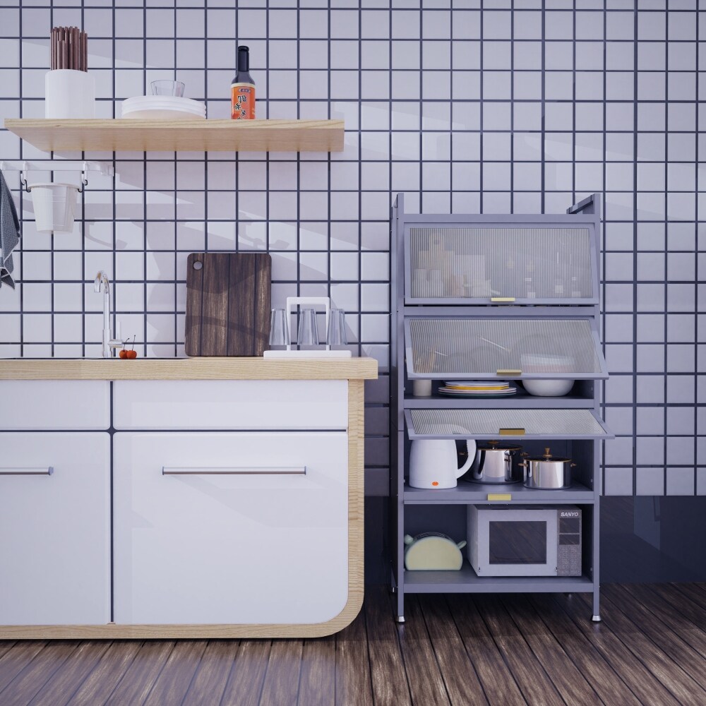 Kitchen Storage Pantry Cabinet with 4 Drawers and Up Flip Glass Doors