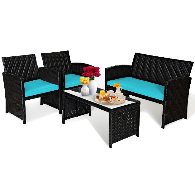 Tangkula 4 Piece Outdoor Patio Rattan Furniture Set Turquoise Cushioned Seat For Garden Porch Lawn