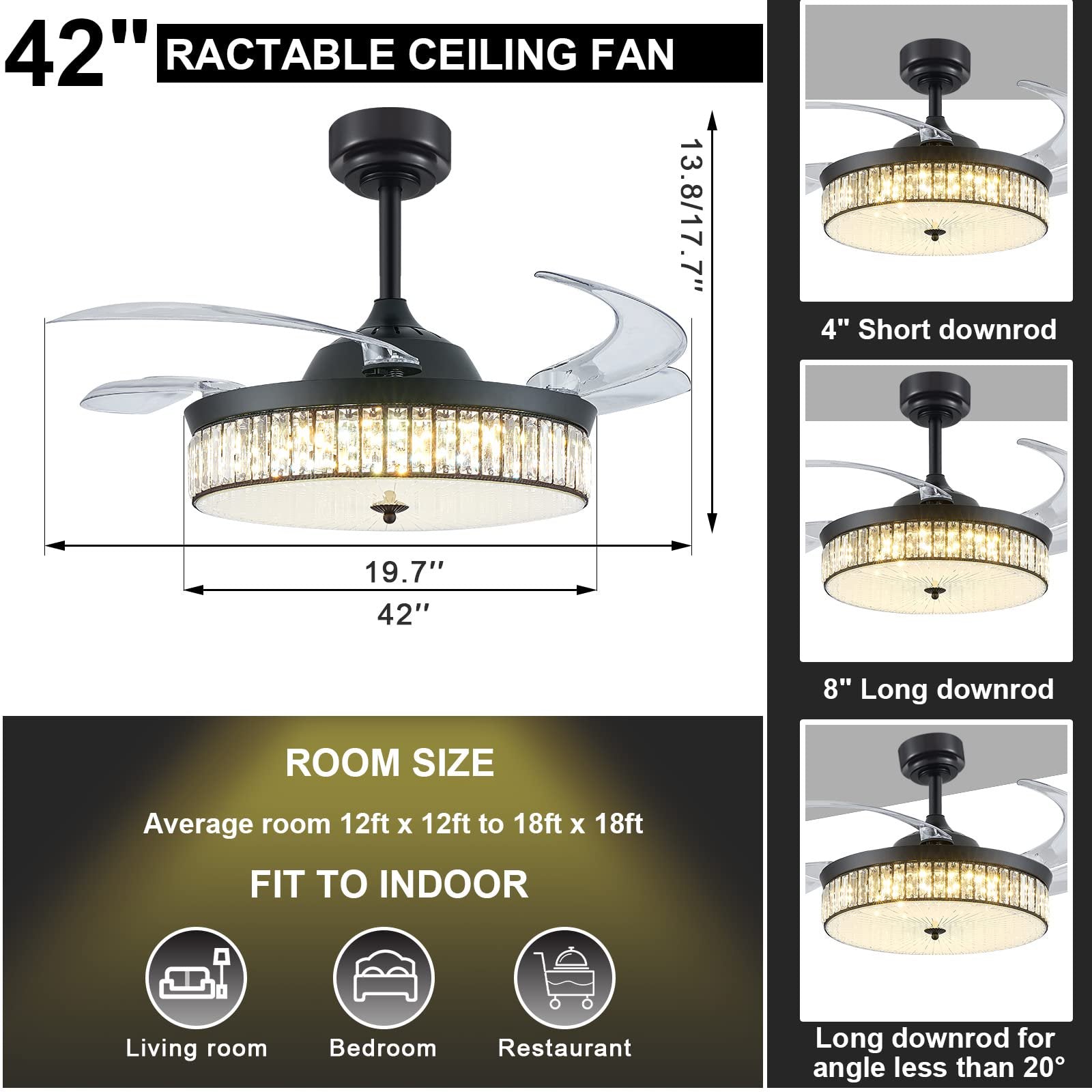 KAPOEFAN 42 inch Retractable Chandelier Ceiling Fan with Lights and Remote,Fandelier Crystal Fan with Retractable Blades Memory Dimmable LED