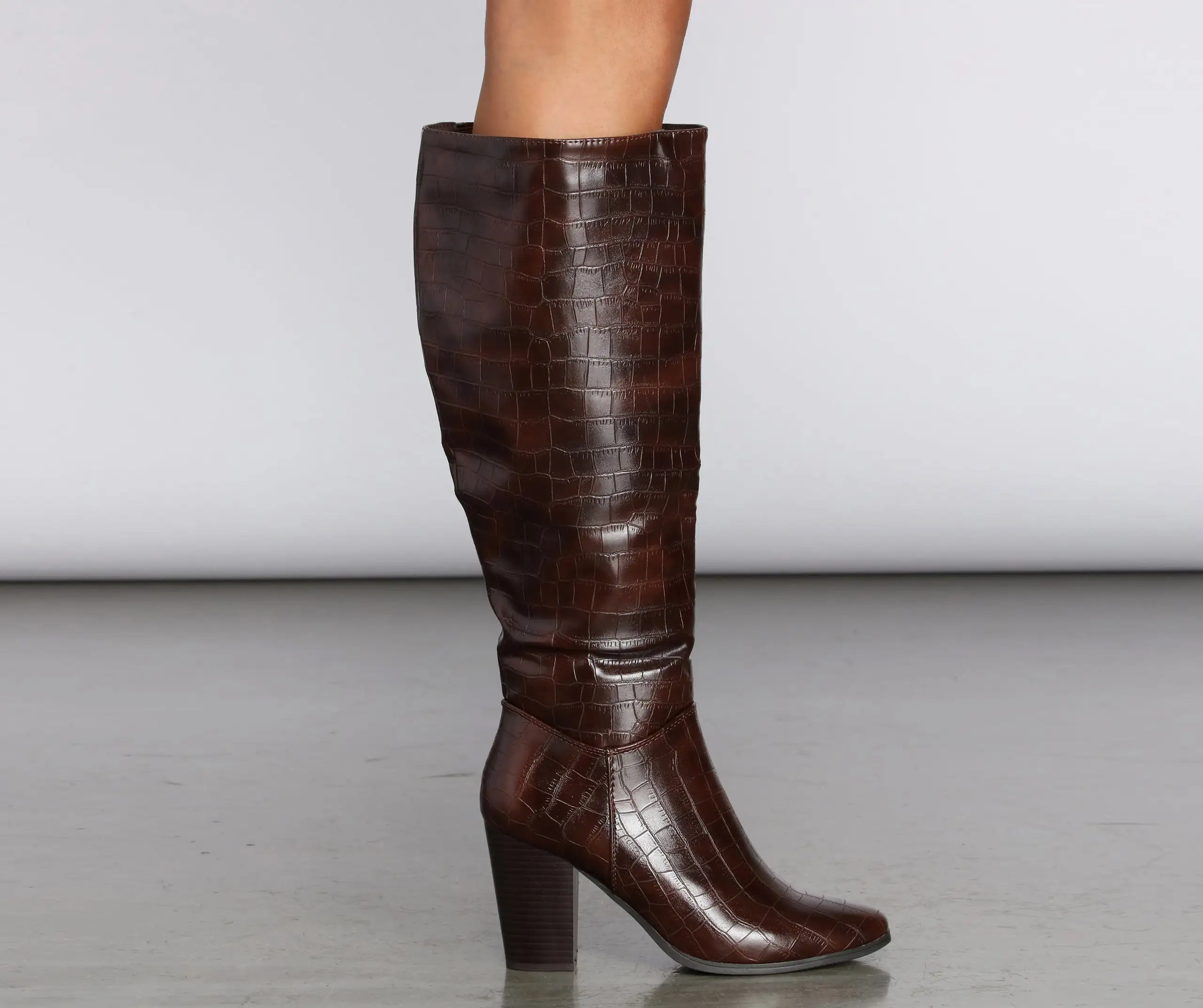 Crocodile Embossed Knee High Boots