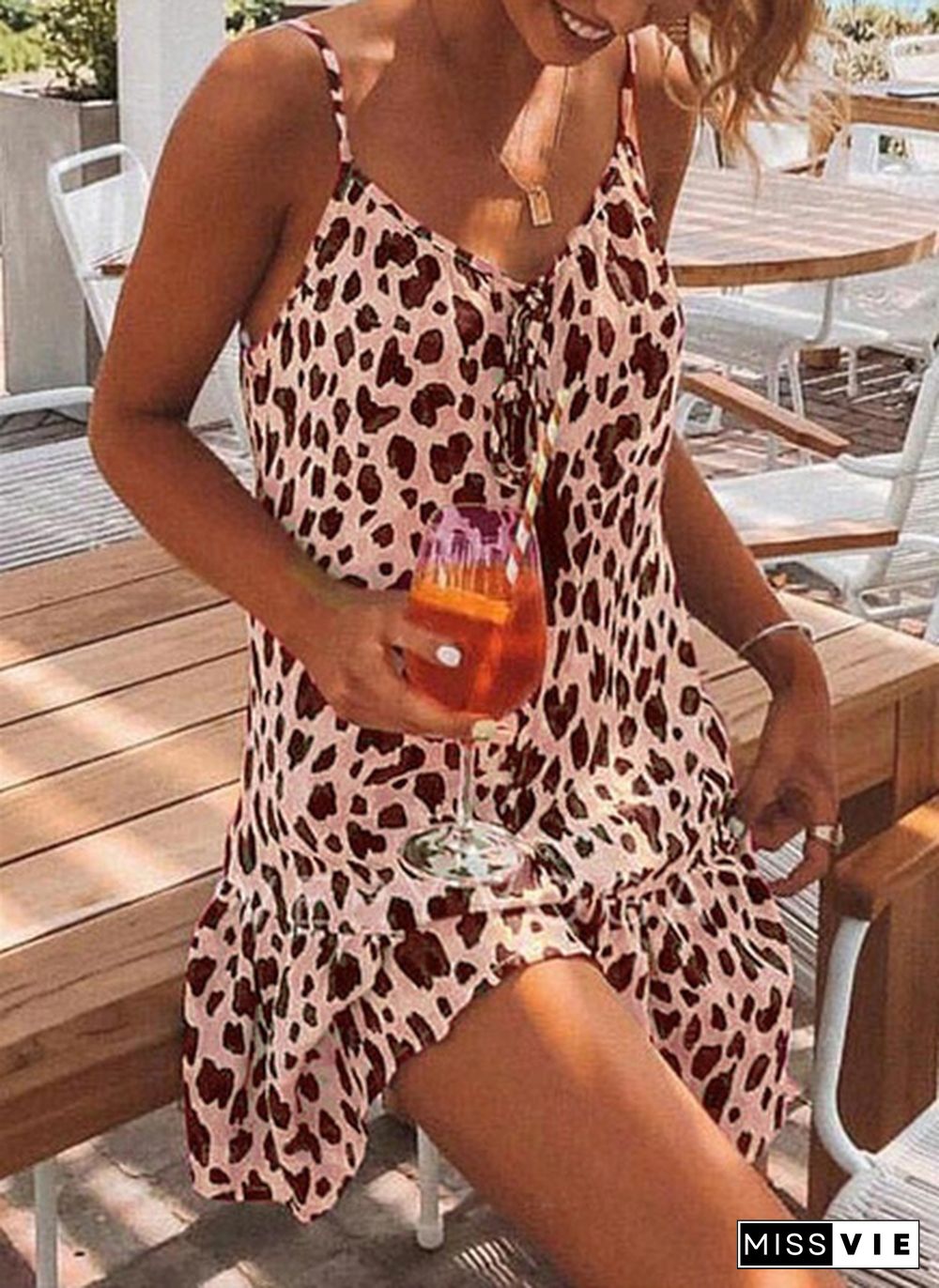 Women Fashion V-neck Leopard Print Sleeveless Dress Summer Casual Mini Tank Dress