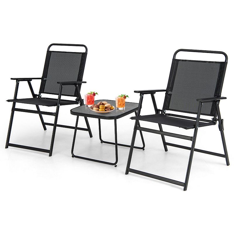 3 Pieces Patio Folding Conversation Chairs and Table-Black