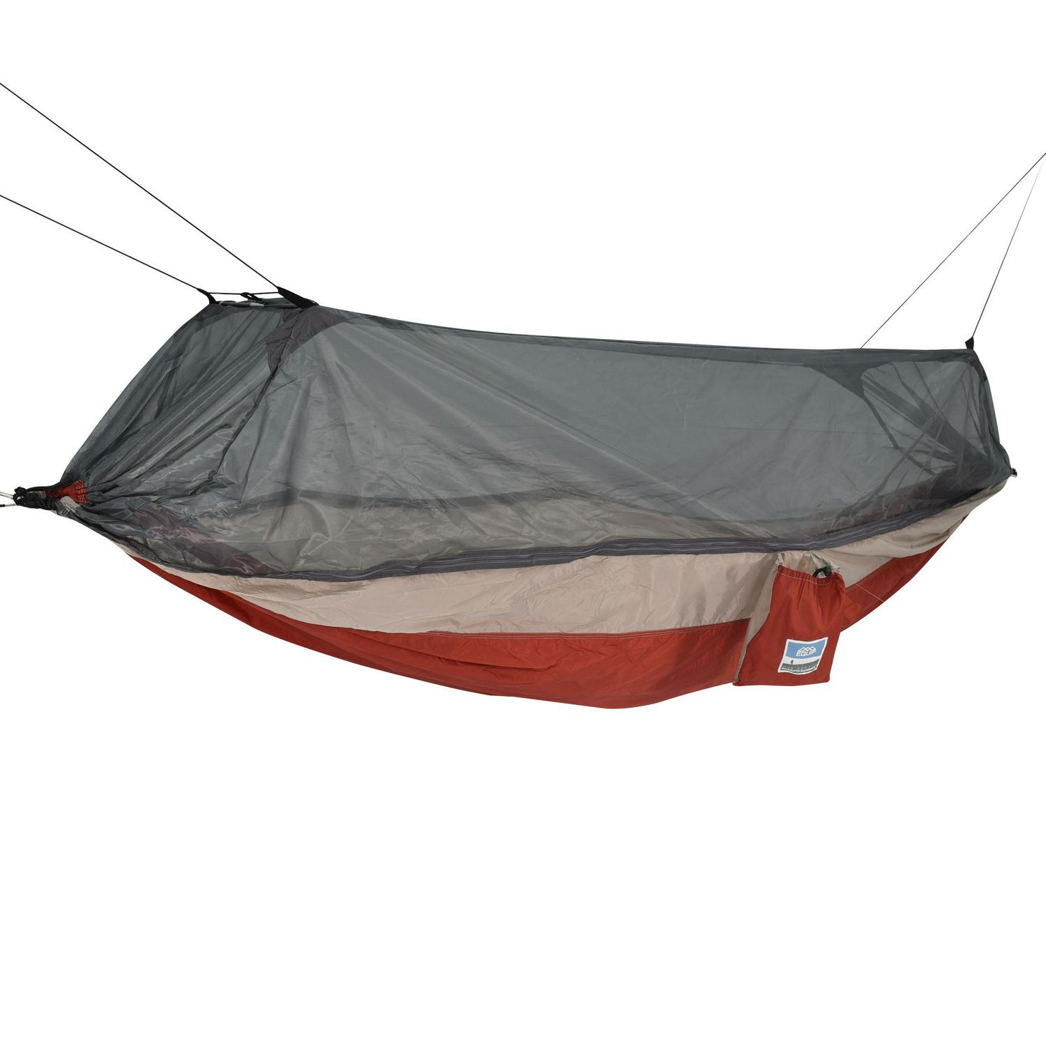 Equip Nylon Mosquito Hammock with Attached Bug Net， 1 Person Red and Taupe， Open Size 115 L x 59 W