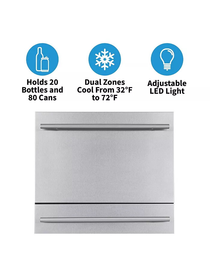 Newair 24 Built-in 20 Bottle and 80 Can Dual Drawer Indoor Outdoor Wine and Beverage Fridge in Weatherproof Stainless Steel with Easy Glide Casters