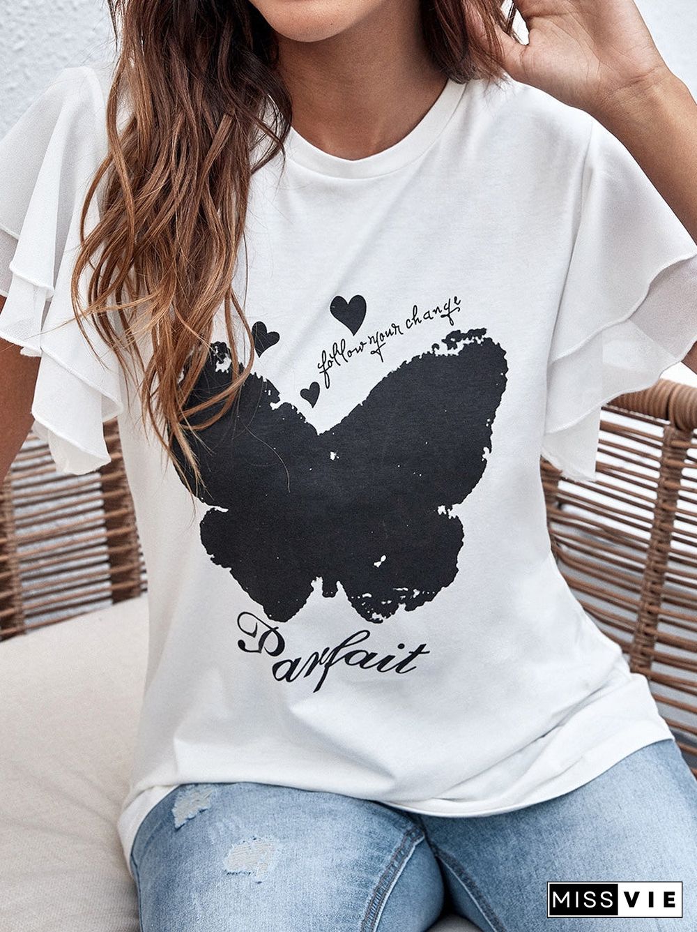 Women'S T-Shirts Butterfly Print Crew Neck Ruffle T-Shirt