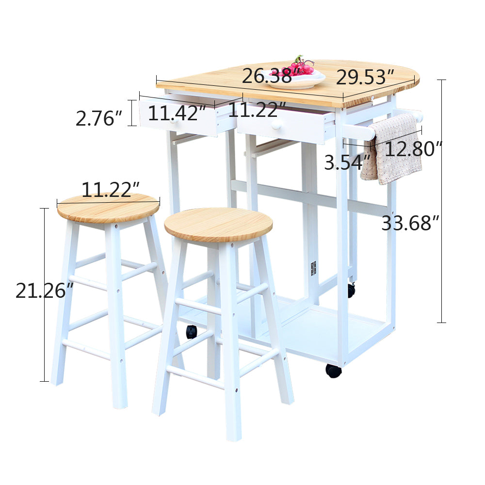 SEGMART Drop-Leaf kitchen Island Cart with Dining Table and Bar Stools， Rolling Kitchen Trolley Cart with 2 Storage Drawers， Heavy Duty Wooden Round Kitchen Breakfast Cart for Small Space， L1787