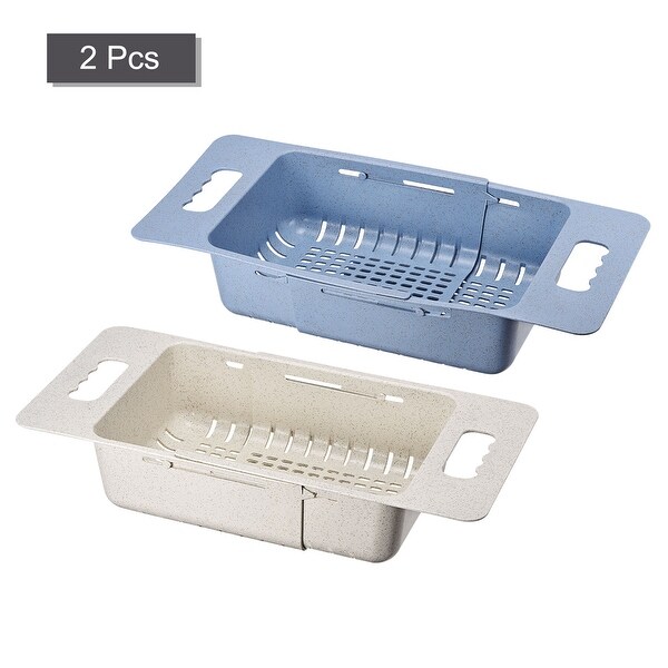 2 Pcs Extendable Over the Sink Colanders Wash Baskets for Kitchen - blue beige - 38cm x 19cm x 8cm