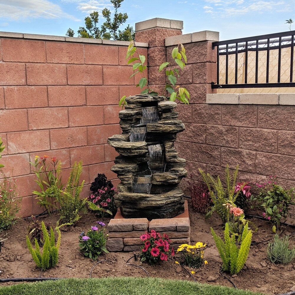 Stacked Shale Outdoor Water Fountain Backyard Feature w/ LEDs   38\