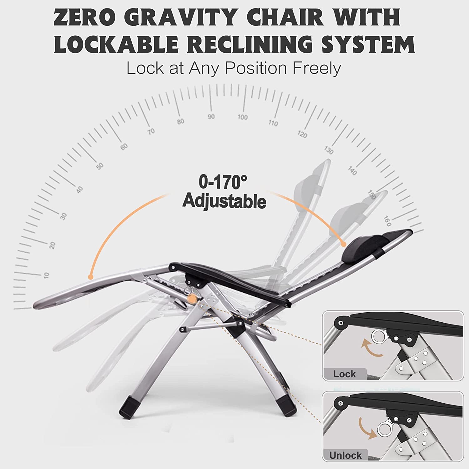 NAIZEA Zero Gravity Chair, Reclining Lounge Chair with Removable Cushion & Tray for Indoor and Outdoor, Ergonomic Patio Recliner Folding Reclining Chair