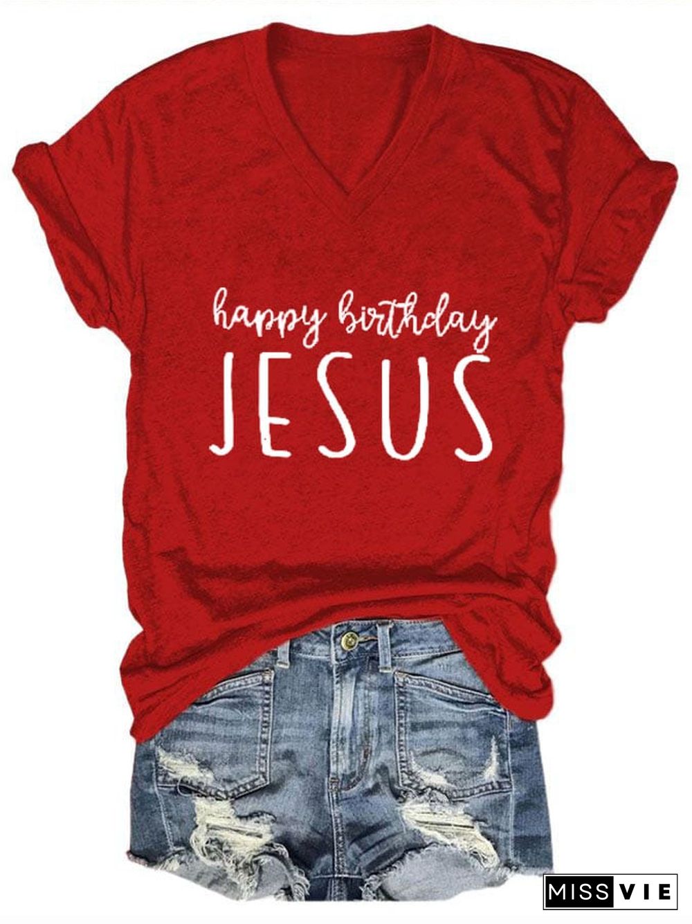 Women's Happy Birthday Jesus Printed Short Sleeve T-Shirt