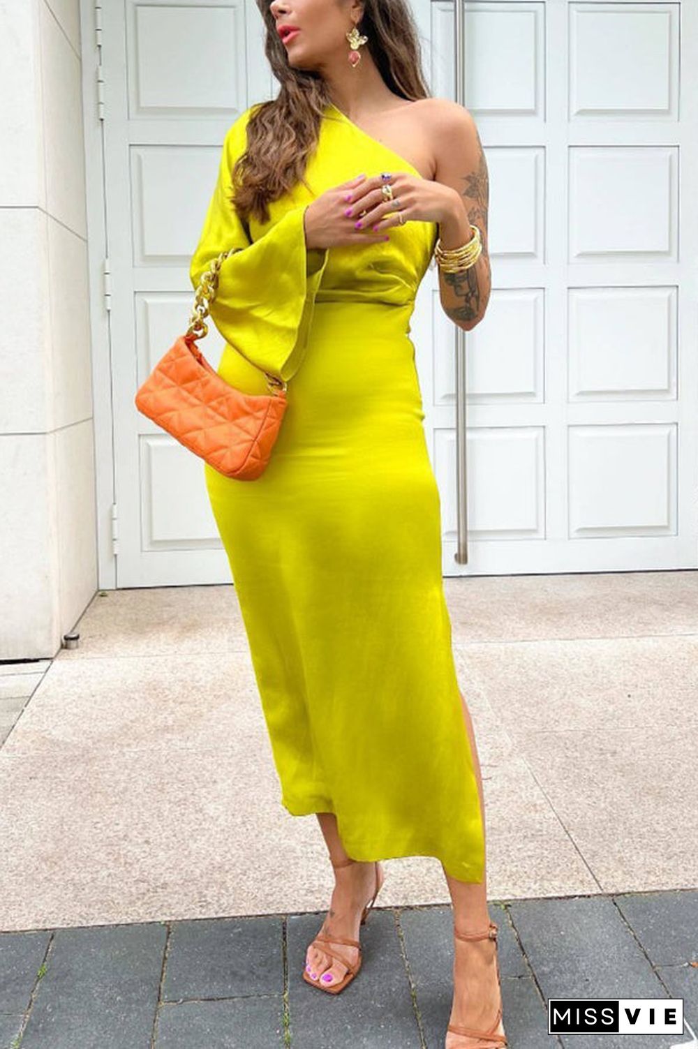 Satin One Shoulder Flares Sleeve Slit Midi Dress