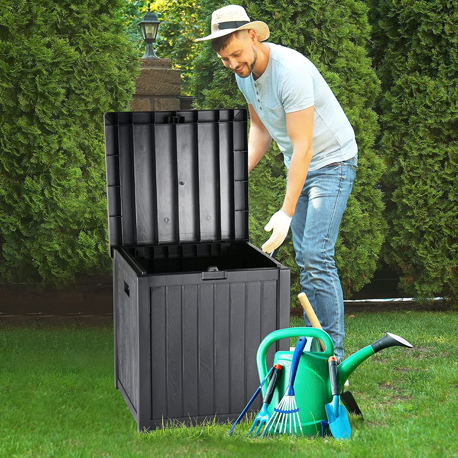 YITAHOME Deck Box: 51 Gallon Patio Large Storage Cabinet Large Resin Patio Storage for Outdoor Pillows, Garden Tools and Pool Supplies, Waterproof, Lockable | Black