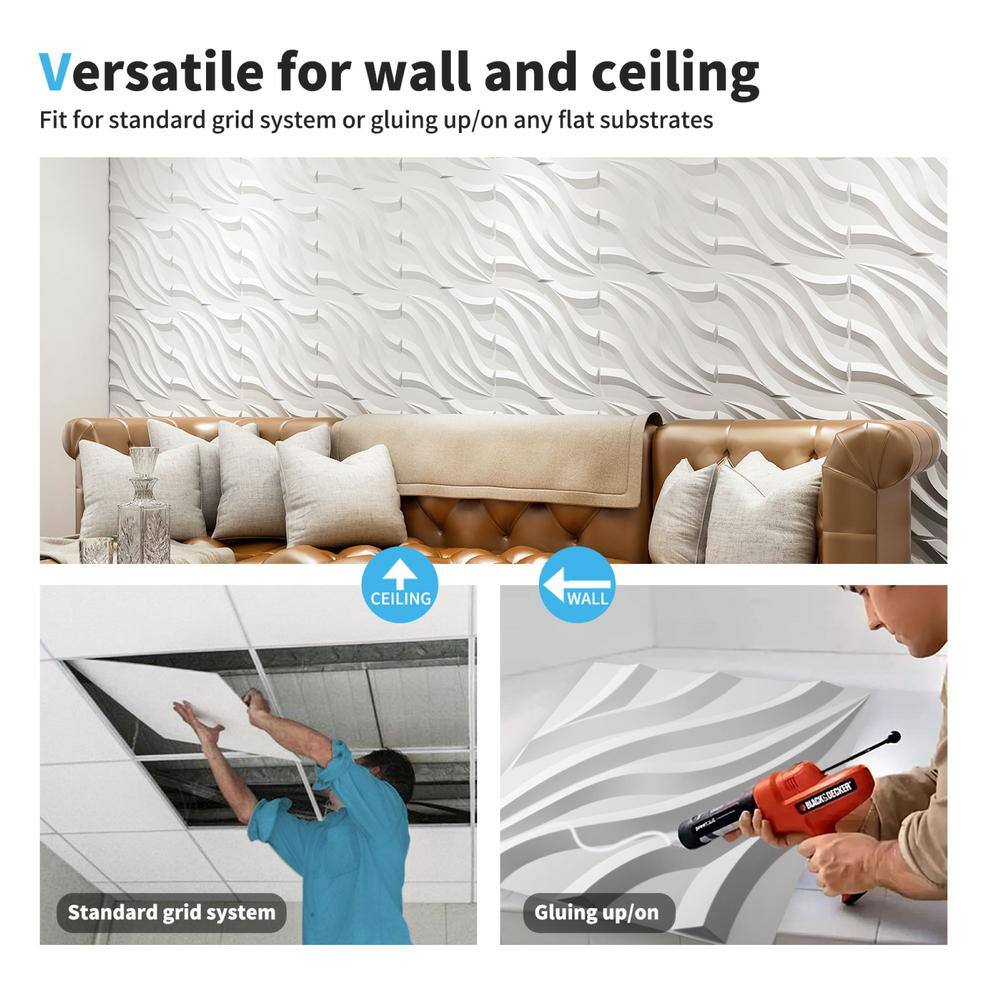 Art3dwallpanels 19.7 in. x 19.7 in. White Flowing Wave 3D Wall Tile Paintable 3D PVC Wall Panel (Pack of 12) (Covers 32 sq. ft.) A10hd083WT