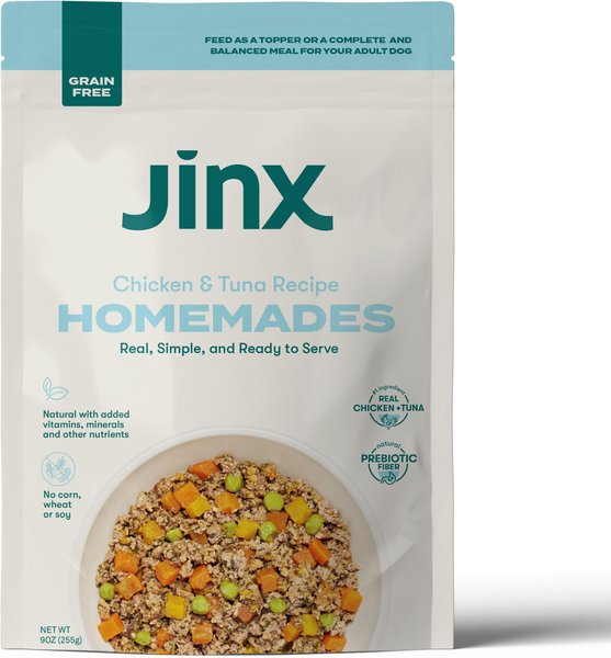 Jinx Chicken and Tuna Homestyle Grain-Free Wet Dog Food， 9-oz pouch， case of 12