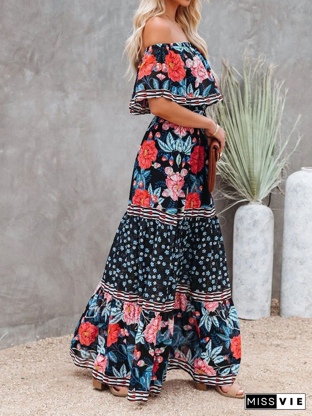 Elegant Flower Print Boho Party Dresses Women New Spring Sexy Off Shoulder Maxi Beach Dress Summer Lace-up Ruffle Hem Long Dress