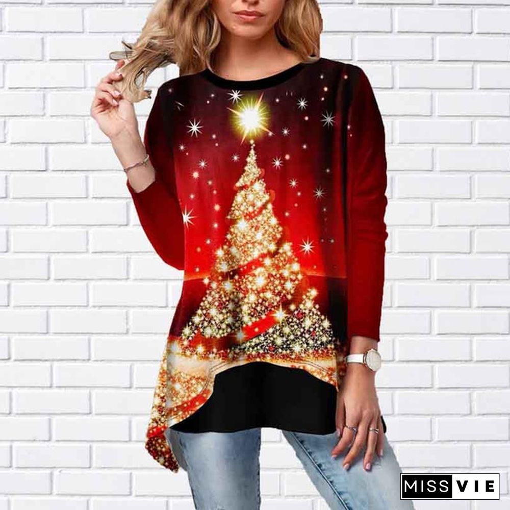 Women Christmas Loose Tops Casual Long Sleeve Round Neck Solid Color Long Shirts Tops Dress Plus Size XS-8XL