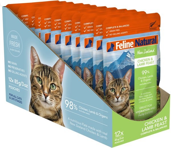 Feline Natural Chicken and Lamb Feast Grain-Free Wet Cat Food， 3-oz pouch， case of 12