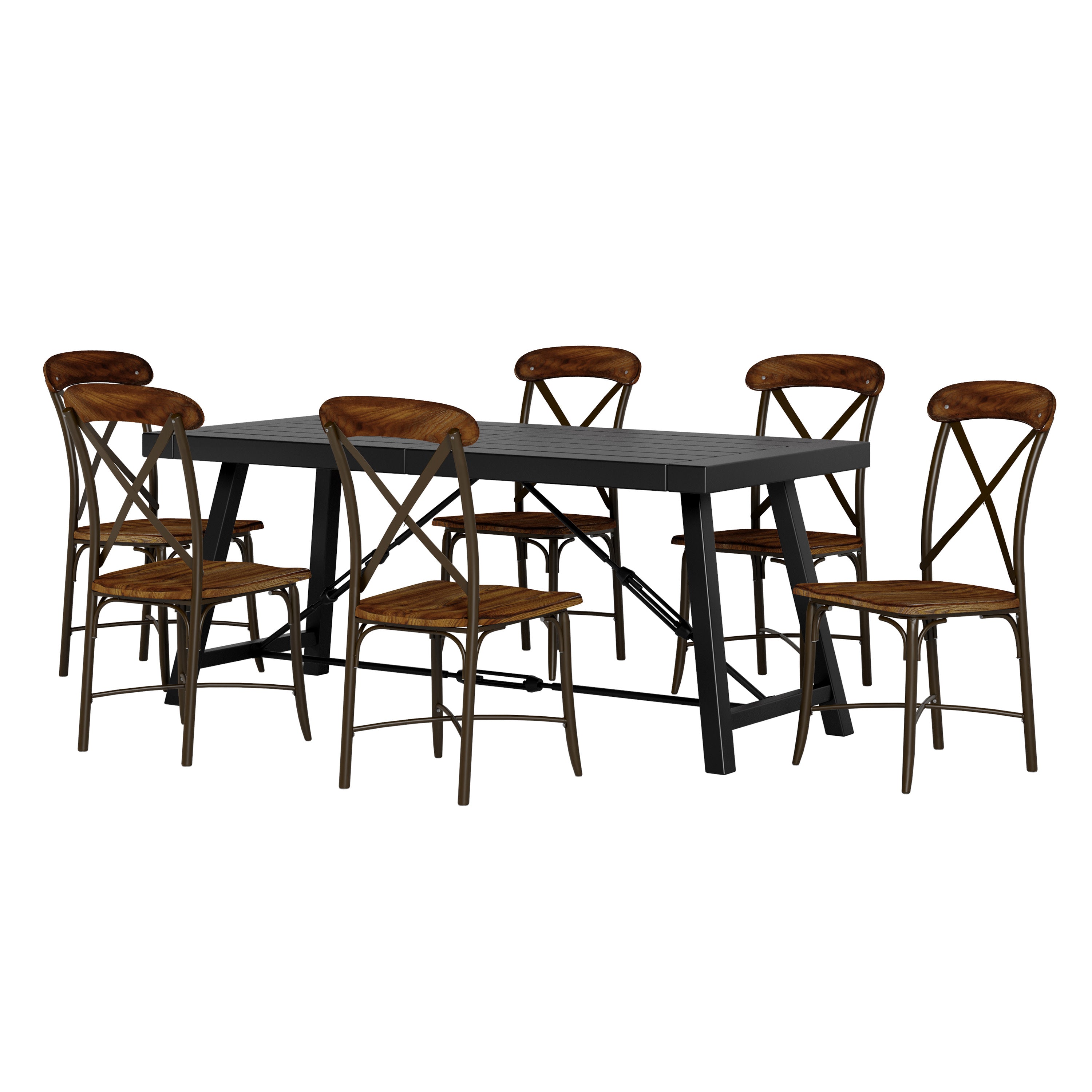 Leeward Modern Industrial Iron and Wood 7 Piece Dining Table, Black, Dark Brown, and Espresso