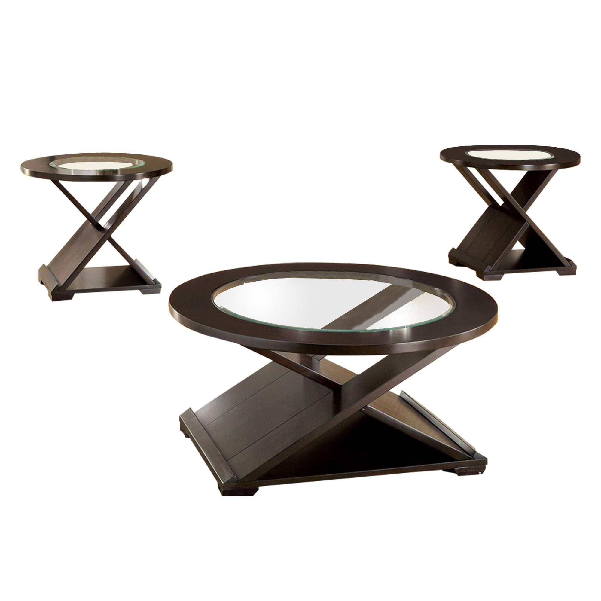 3 Piece Round Glass Coffee Table and End Table with X Shaped Base， Brown