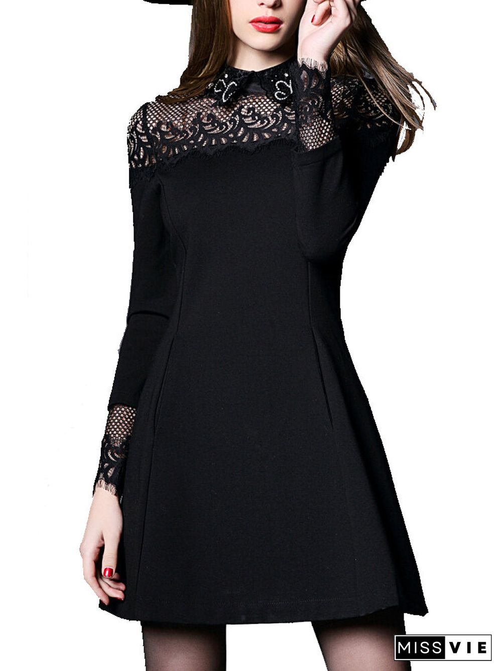 Elegant Lace Patchwork Black Slim Long Sleeve Zipper A-line Dress